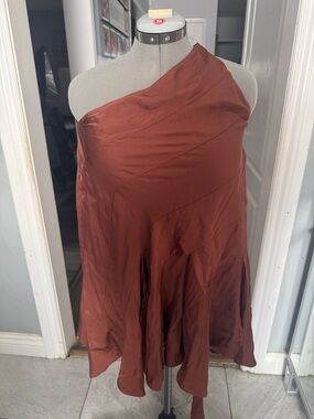 Anthropologie Rust One-Shoulder Satin Top